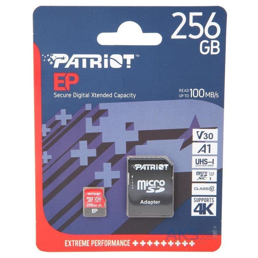 Карта Памяти Patriot EP microSDXC (UHS-I/U3) 256gb V30 10 Class & Adapter (Чёрно-Красный)