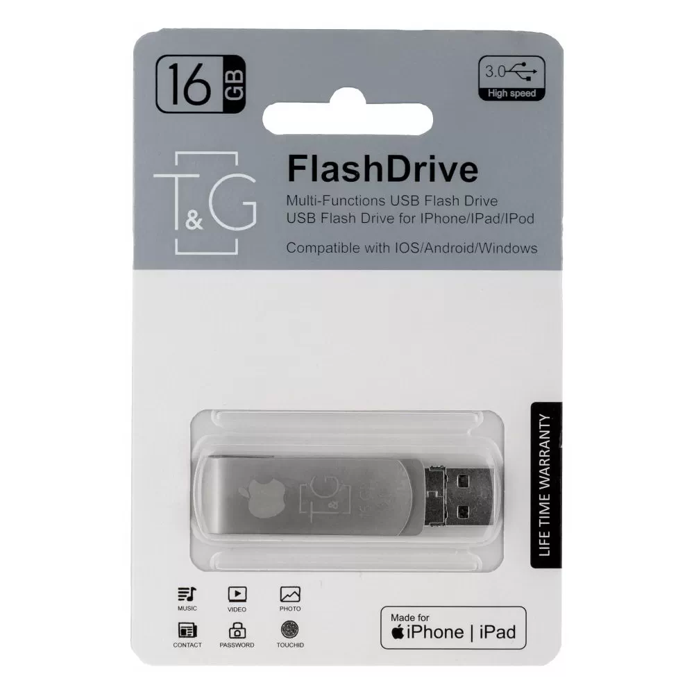 USB OTG T&G 3&1 Lightning&Android 16gb Metal 007, цвет стальной