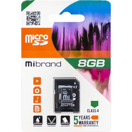 Карта Памяти Mibrand MicroSDHC 8gb 4 Class & Adapter (Чёрный)