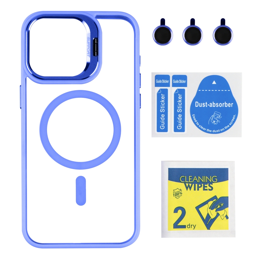 Чехол TPU+PC+Metal Stand Case with MagSafe and Camera Lenses для iPhone 15 Pro Max (Blue)