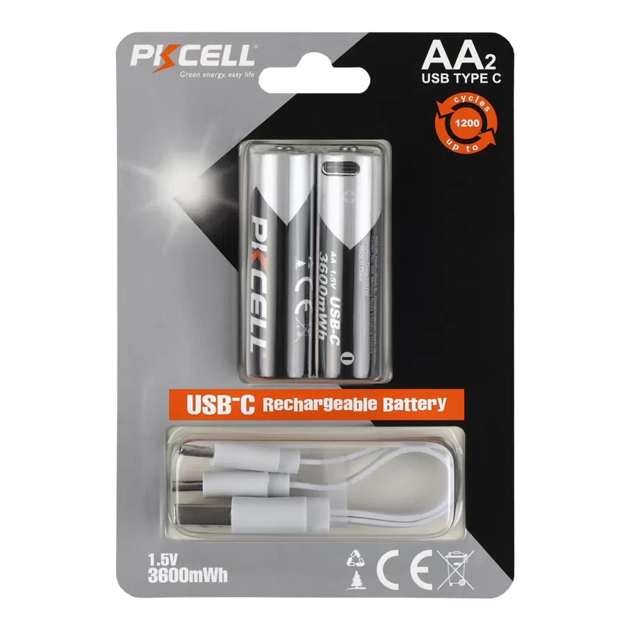 Аккумуляторная Батарейка AA PKCELL AA-3600 USB-C 3600mWh, 2 шт.