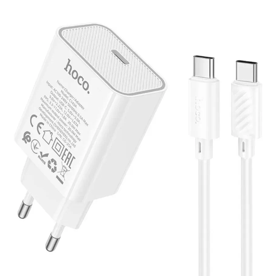 Сетевое Зарядное Устройство Hoco C143A 1USB-C PD/QC 20W+Type-C to Type-C, цвет белый