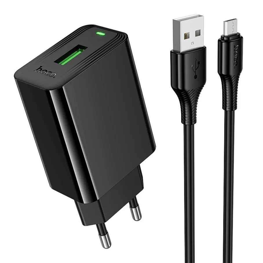 Сетевое Зарядное Устройство Hoco CS92A 1USB QC 18W+USB to Micro, цвет черный