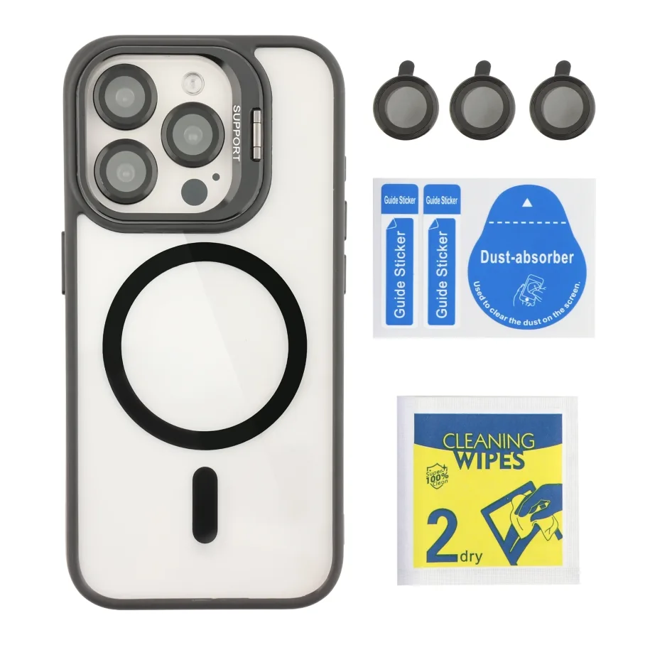 Чехол TPU+PC+Metal Stand Case with MagSafe and Camera Lenses для iPhone 15 Pro Max (Black)