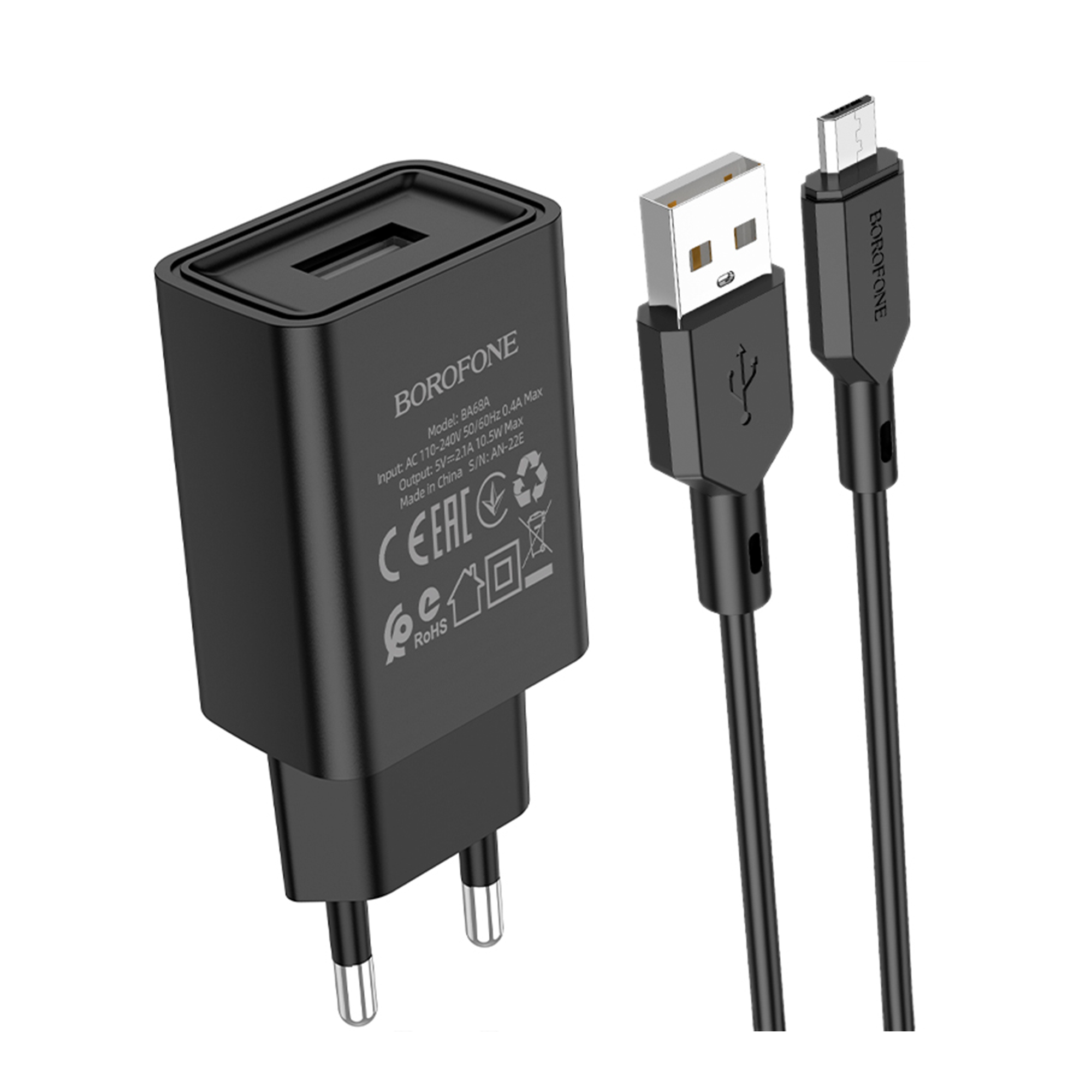 Сетевое Зарядное Устройство Borofone BA68A Micro 1USB 2.1A (Черный)