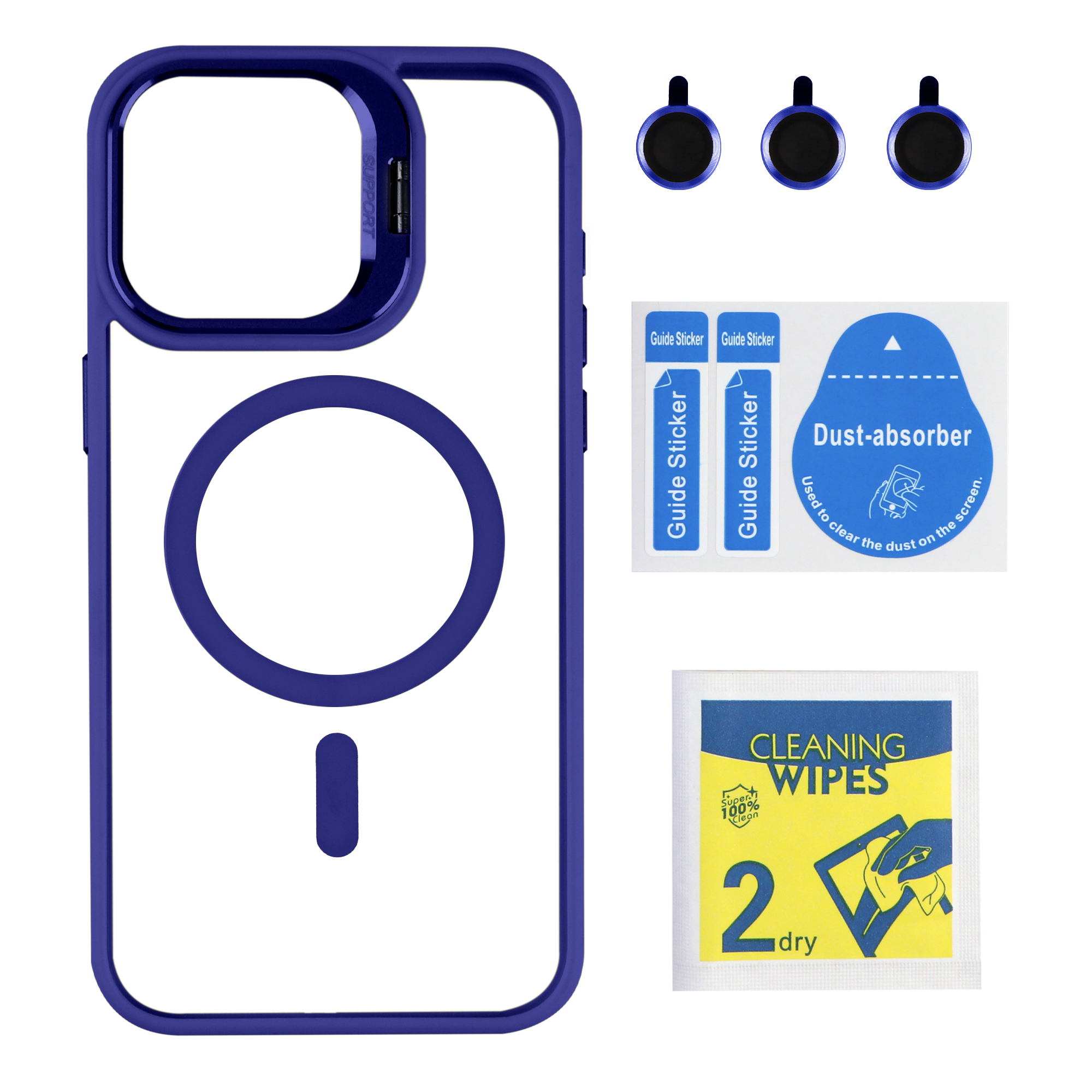 Чехол TPU+PC+Metal Stand Case with MagSafe and Camera Lenses для iPhone 15 Pro Max (Dark Blue)