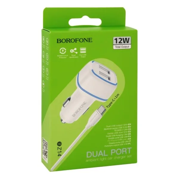 Авто Зарядное Устройство Borofone BZ14 Type-C 2USB 2.4A, цвет черный