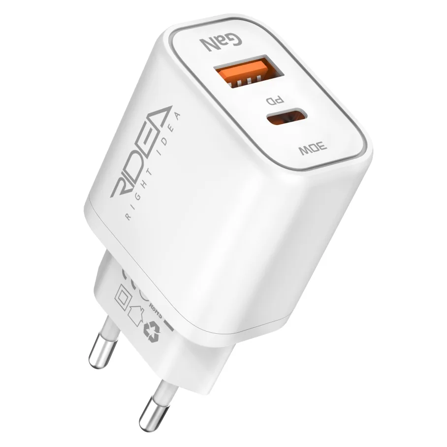 Сетевое Зарядное Устройство Ridea RW-GaN30BPAC 30W Boost Pro AC PD&QC, цвет белый