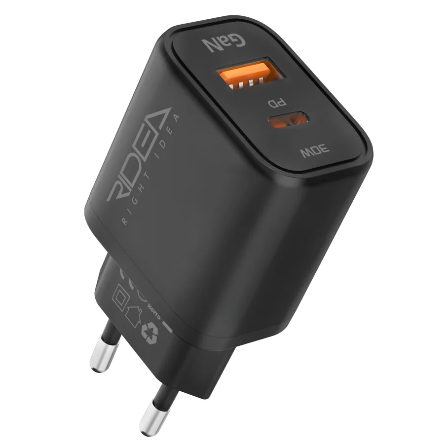 Сетевое Зарядное Устройство Ridea RW-GaN30BPAC 30W Boost Pro AC PD&QC, цвет черный
