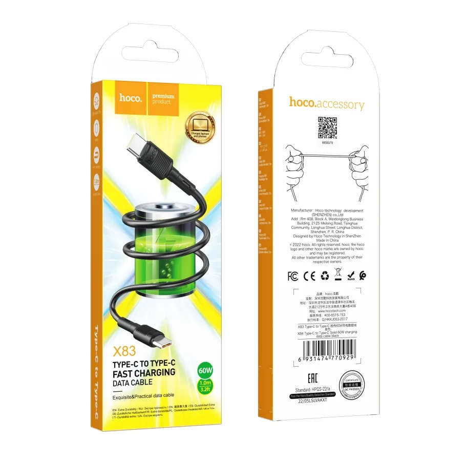USB Hoco X83 60W, с кабелем Type-C to Type-C, цвет черный