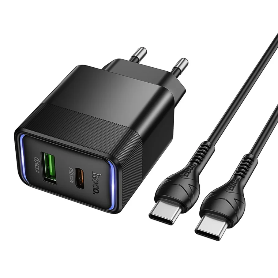 Сетевое Зарядное Устройство Hoco CS112A 1USB/1USB-C QC/PD 30W+Type-C to Type-C Черный