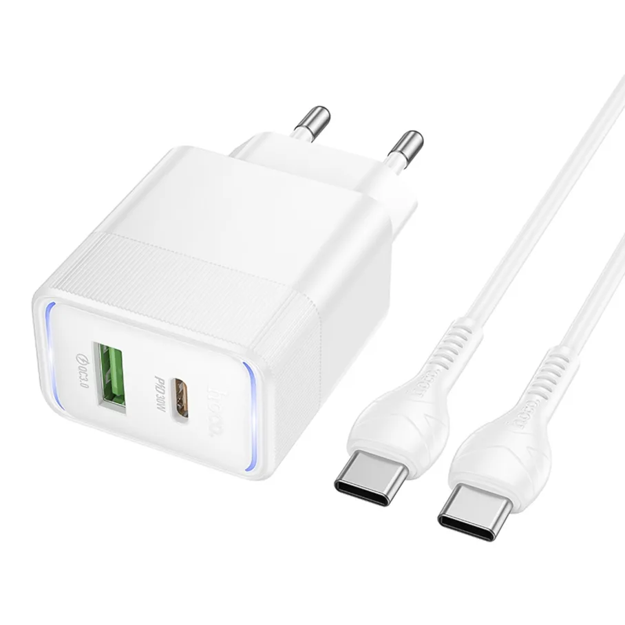 Сетевое Зарядное Устройство Hoco CS112A 1USB/1USB-C QC/PD 30W+Type-C to Type-C Белый