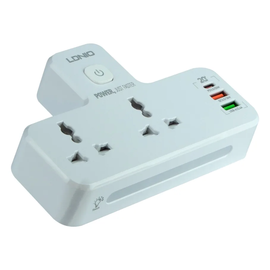 Сетевой Переходник с Ночником LDNIO SC2311, 1 USB-C / 2 USB-A QC/PD20W, 2 розетки, светодиодная лампа, цвет белый