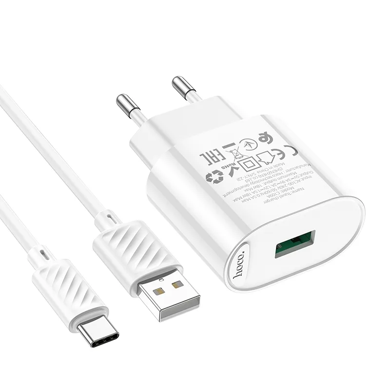 Сетевое Зарядное Устройство Hoco C109A 1USB QC 18W, с кабелем USB to Type-C, цвет белый