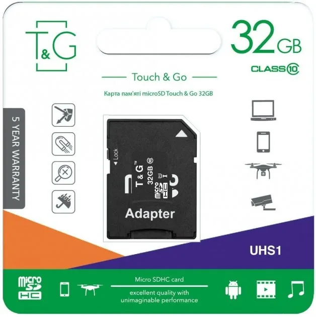 Карта Памяти T&G MicroSDHC 32gb UHS-1 10 Class & Adapter, цвет черный