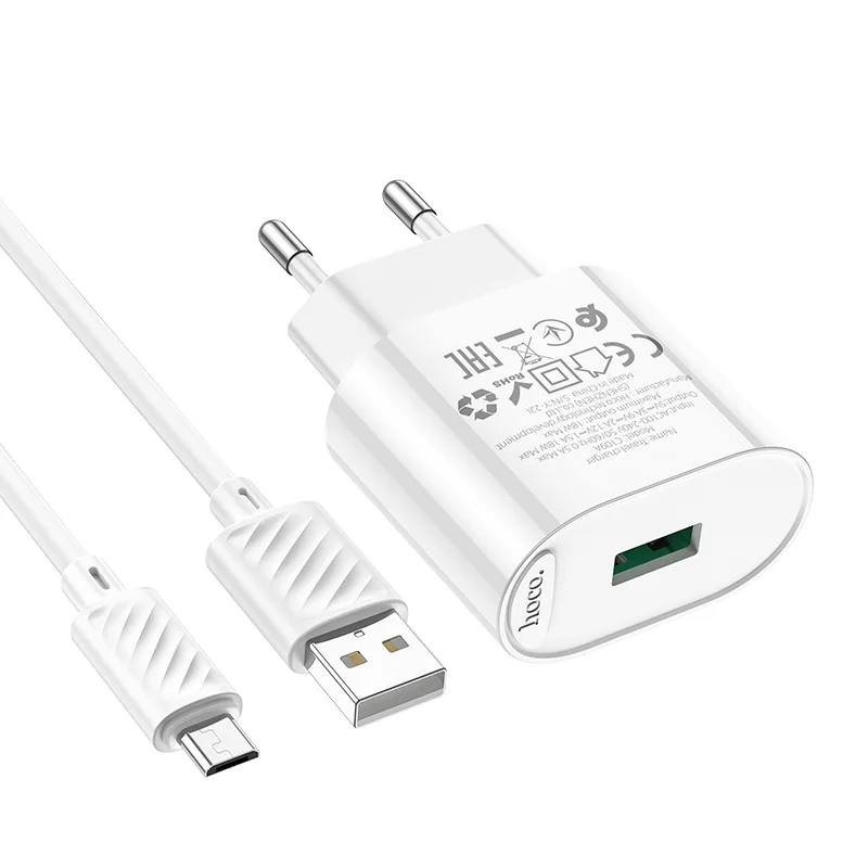 Сетевое Зарядное Устройство Hoco C109A 1USB QC 18W, с кабелем USB to Micro, цвет белый