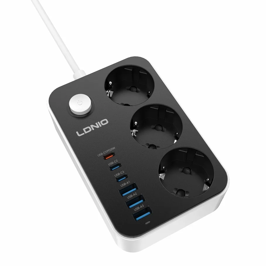 Сетевой Удлинитель LDNIO SE3631C 3USB-A / 3USB-C / 3-Sockets QC/PD20W 2m Черно-Серый