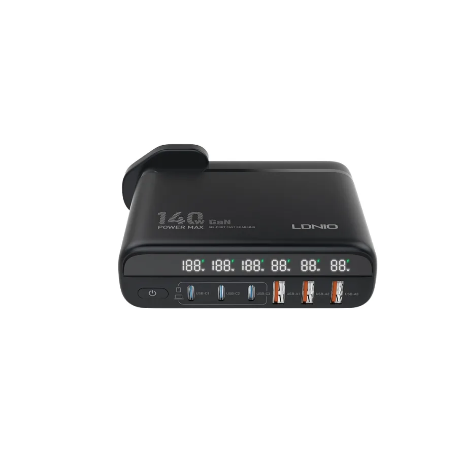 Сетевое Зарядное Устройство LDNIO A6140C 3USB-A/3USB-C GAN (100W+40W)140W LED Display 1.5m, цвет черный