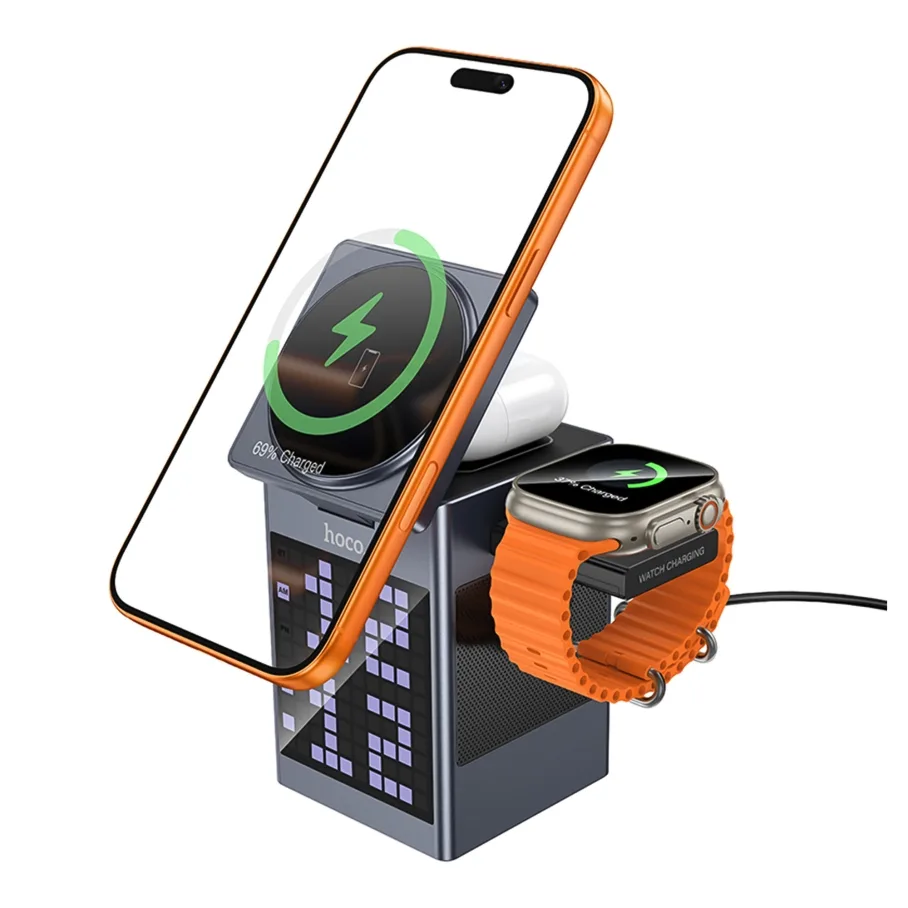Беспроводное Зарядное Устройство Hoco DWQ04 5in1 15W(Pixel Display/Clock/BT Speaker 5W) IP Version Серый