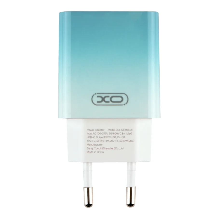 Сетевое Зарядное Устройство XO CE18 1Type-C PD/QC 30W, цвет голубой