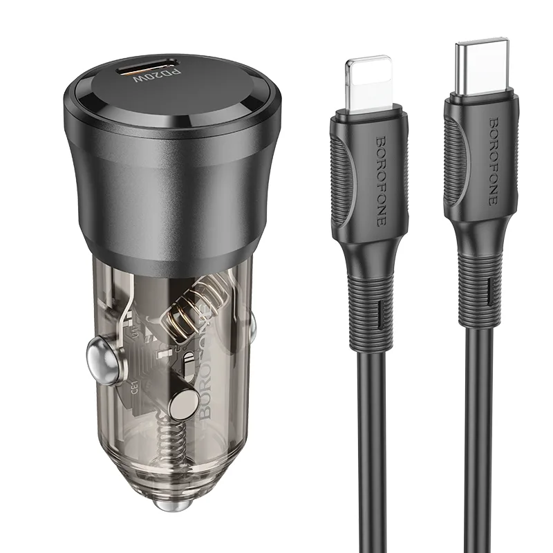 Авто Зарядное Устройство Borofone BZ24 1USB-C QC/PD20W+Type-C to Lightning, цвет прозрачно-черный