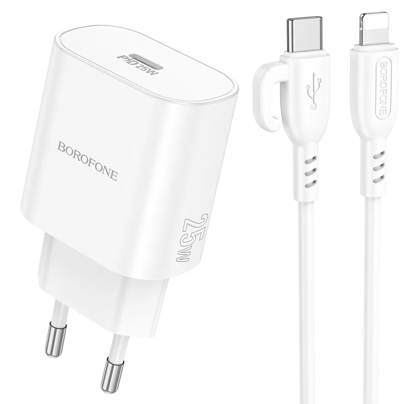 Сетевое Зарядное Устройство Borofone BA82A 1USB-C PD/QC 25W, с кабелем Type-C to Lightning, цвет белый