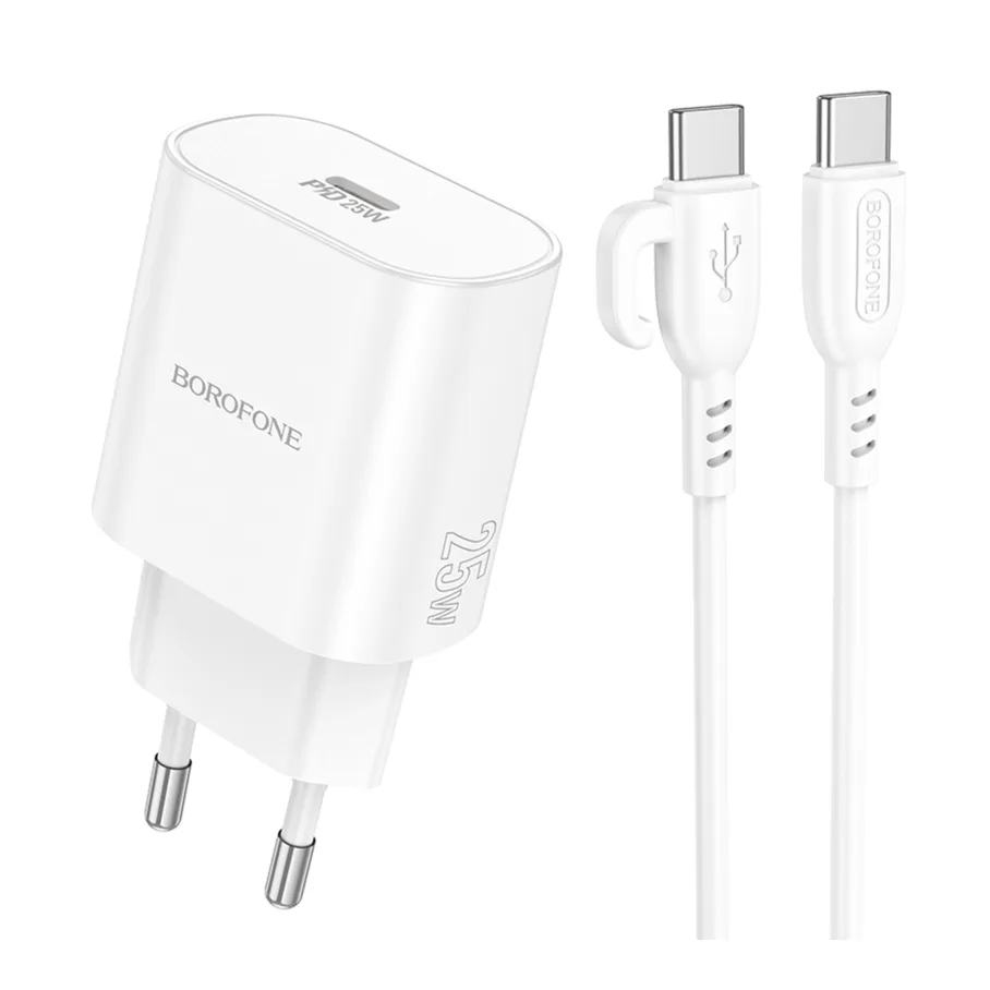 Сетевое Зарядное Устройство Borofone BA82A 1USB-C PD/QC 25W+Type-C to Type-C, цвет белый