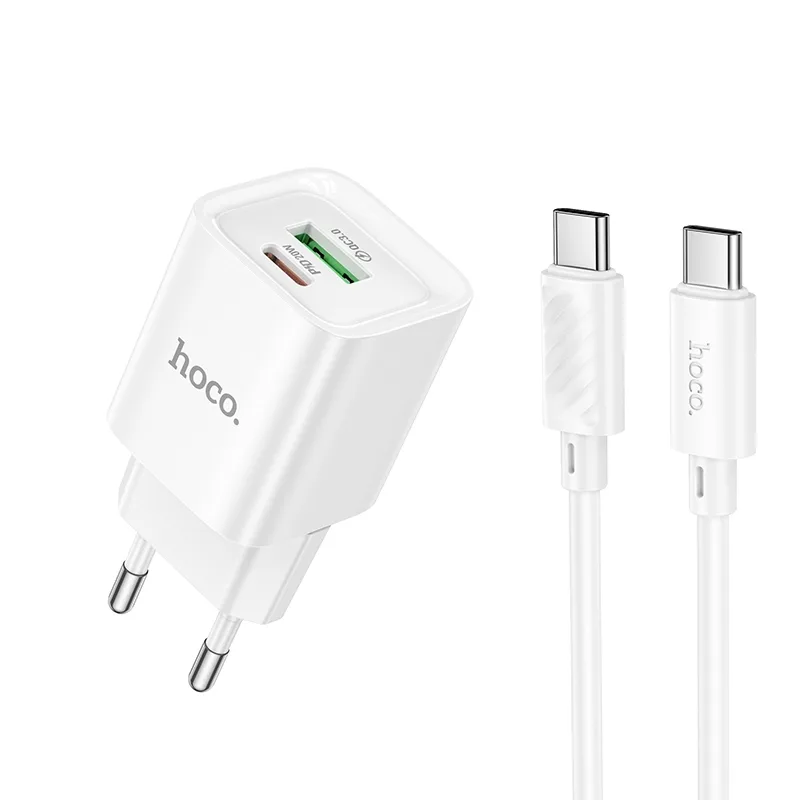 Сетевое Зарядное Устройство Hoco C147A 1USB-C/1USB PD/QC 20W+Type-C to Type-C, цвет белый