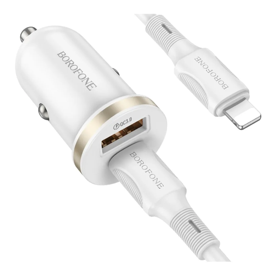 Авто Зарядное Устройство Borofone BZ22 1USB/1USB-C QC/PD30W, с кабелем Type-C to Lightning, цвет белый