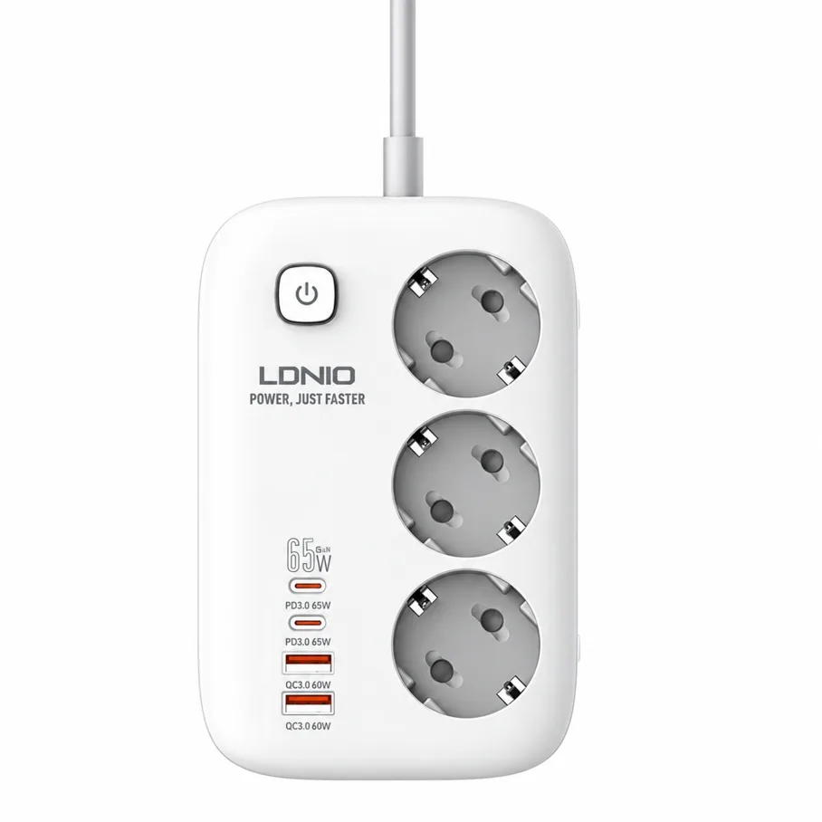Сетевой Удлинитель LDNIO SE3436 2USB-A / 2USB-C / 3-Sockets GAN QC/PD65W 2m Белый