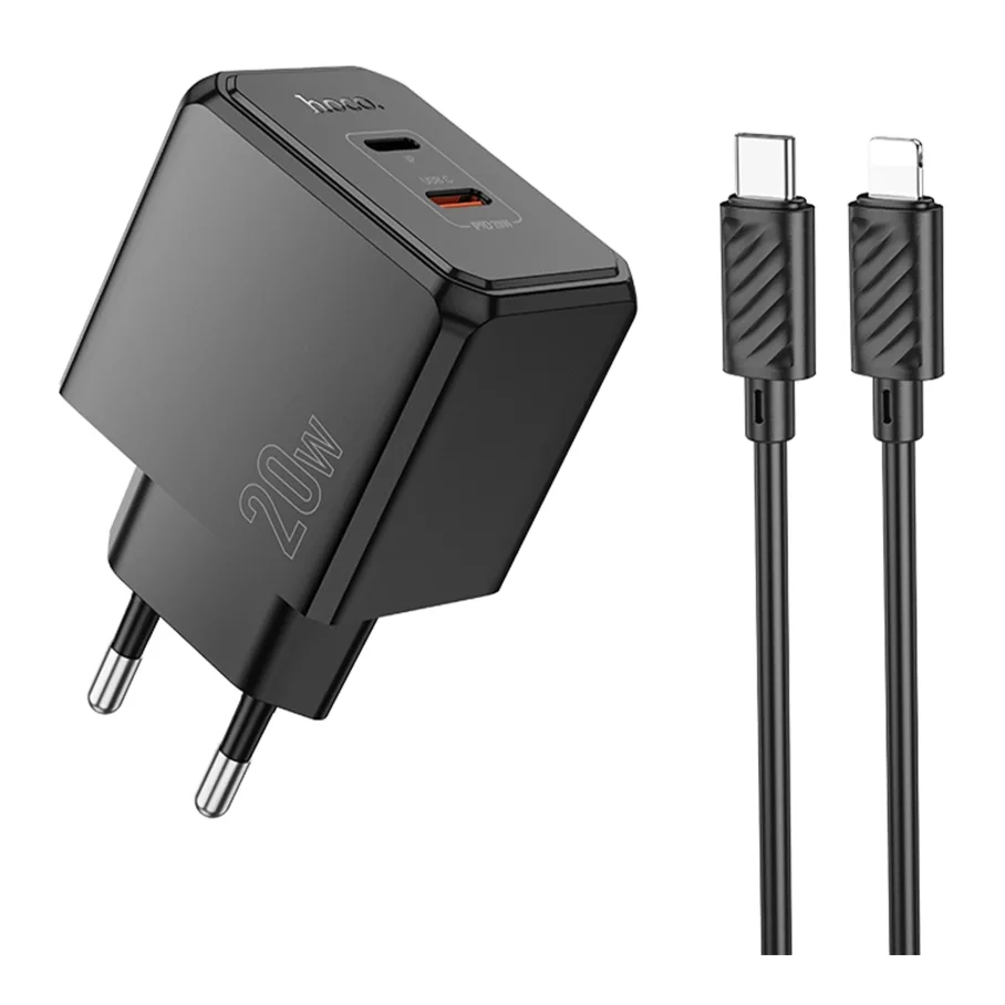 Сетевое Зарядное Устройство Hoco CS16A 1USB-C/1IP PD/QC 20W, с кабелем Type-C to Lightning, цвет черный