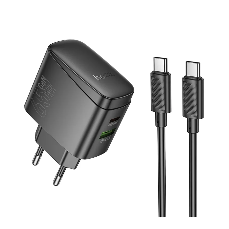 Сетевое Зарядное Устройство Hoco CS65W, 1USB/1USB-C, PD, QC, GaN, с кабелем Type-C to Type-C, цвет черный