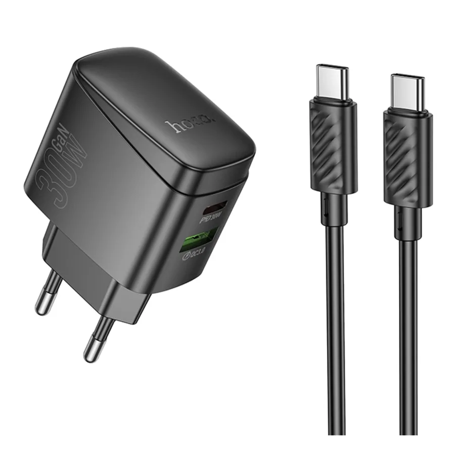 Сетевое Зарядное Устройство Hoco CS61A 1USB/1USB-C PD/QC 30W GAN, с кабелем Type-C to Type-C, цвет черный