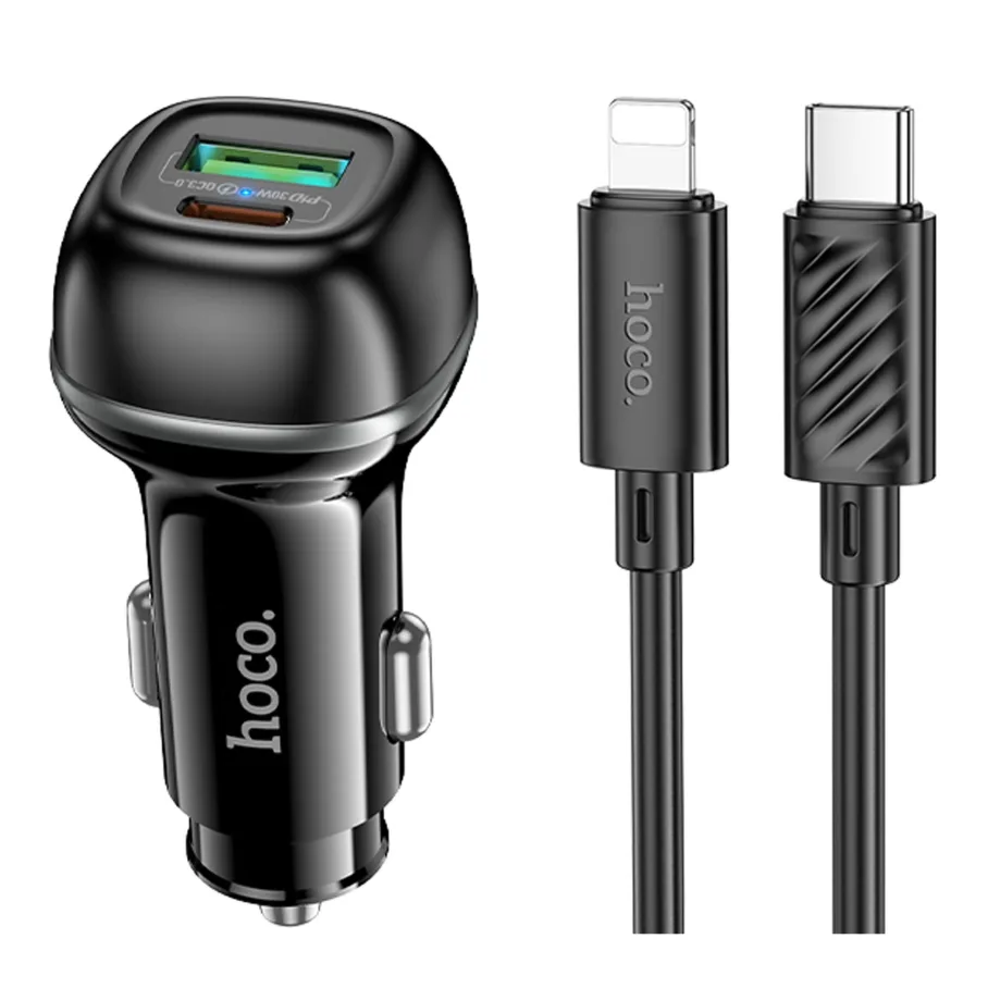 Авто Зарядное Устройство Hoco Z58A 1USB-A QC18W/1USB-C PD30W Total 48W+Type-C to Lightning, цвет черный
