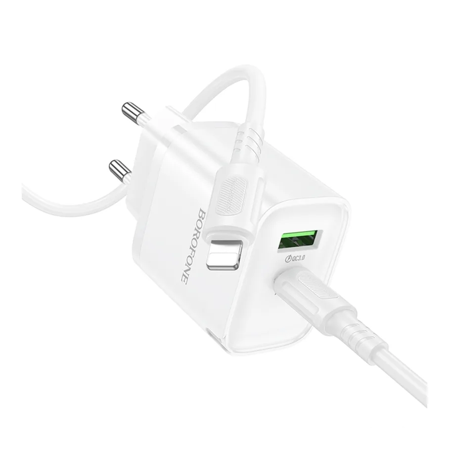 Сетевое Зарядное Устройство Borofone BA83A 1USB-C/1USB PD/QC 20W+Type-C to Lightning, цвет белый