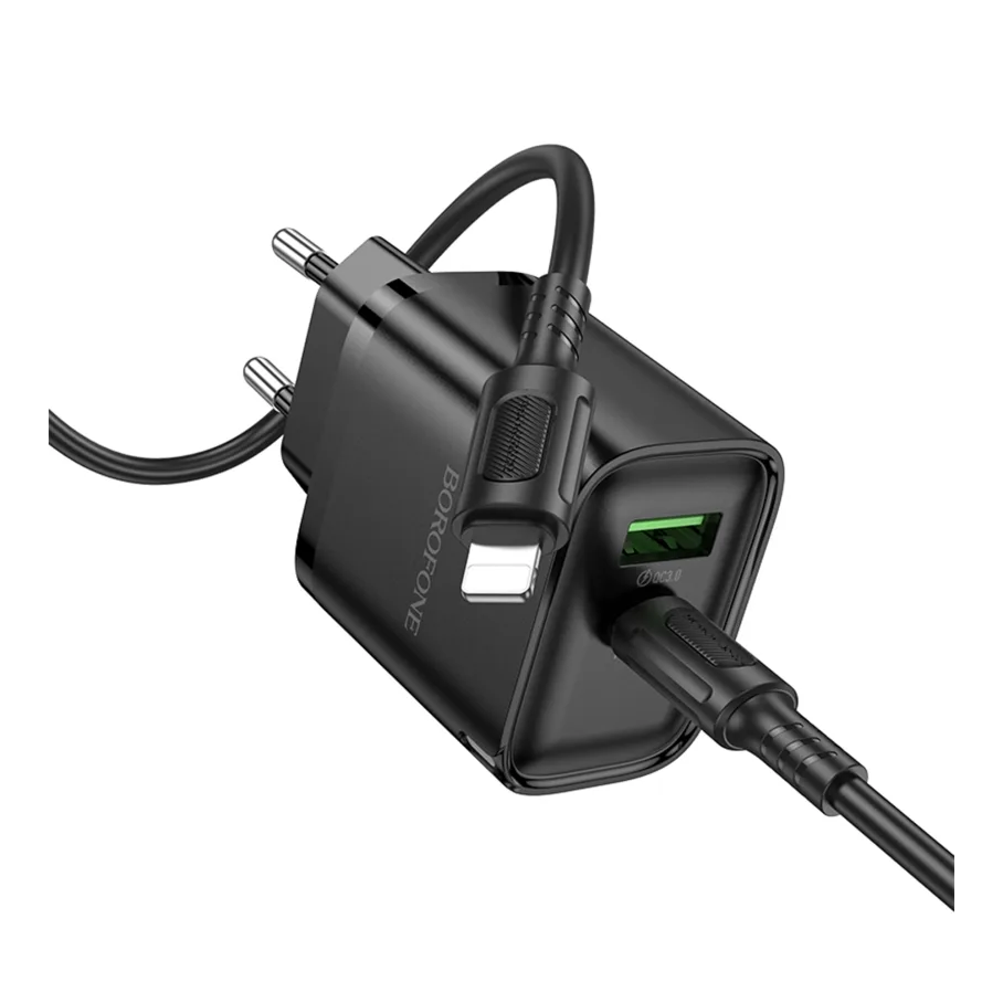 Сетевое Зарядное Устройство Borofone BA83A 1USB-C/1USB PD/QC 20W+Type-C to Lightning, цвет черный