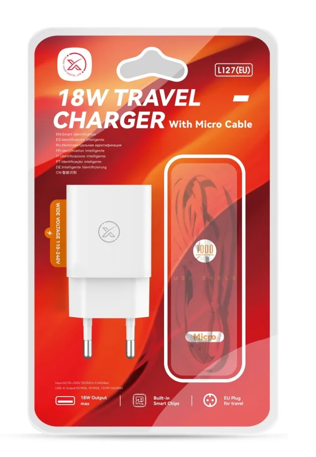 Сетевое Зарядное Устройство XO L127 1USB QC 18W, с разъёмом USB to Micro, цвет белый