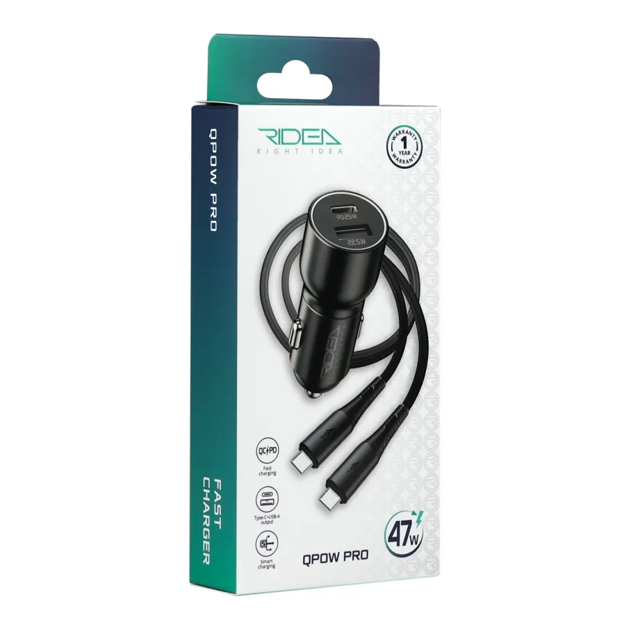 Авто Зарядное Устройство Ridea RCC-47114 QPow Pro, 1USB/1USB-C PD/QC 47.5W, кабель Type-C to Type-C, цвет черный