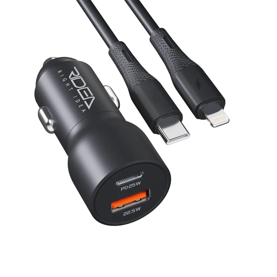 Авто Зарядное Устройство Ridea RCC-47115 QPow Pro 1USB/1USB-C PD/QC 47.5W, с кабелем Type-C to Lightning, цвет черный