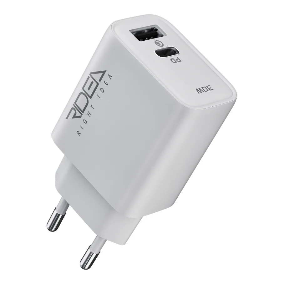 Сетевое Зарядное Устройство Ridea RW-30120 Turbo, 1USB/1USB-C QC/PD 30W, цвет белый