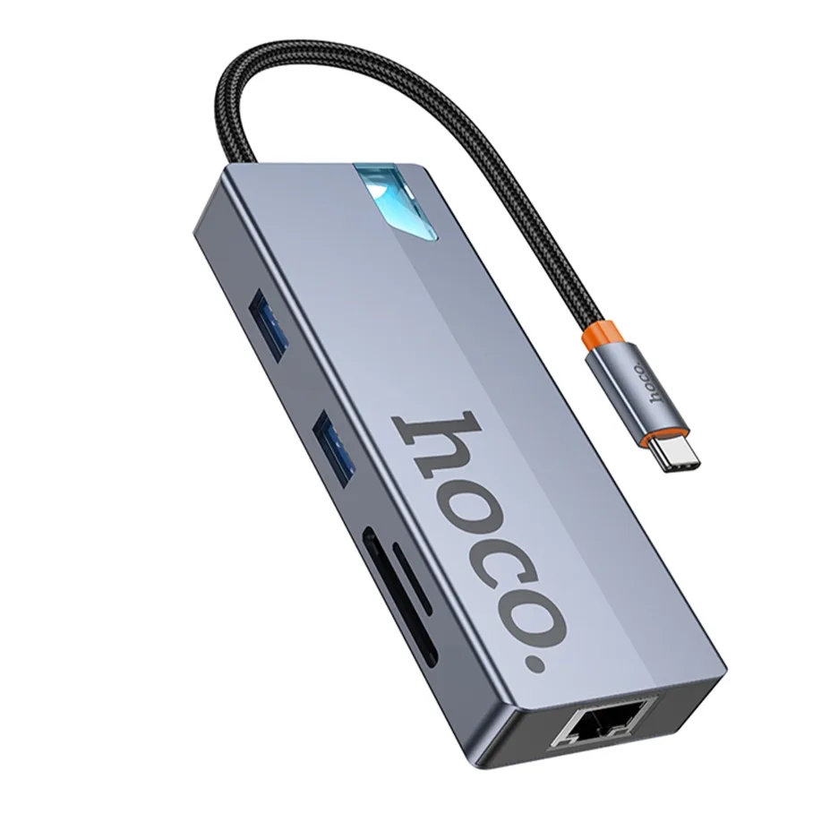 USB Hub Hoco HB52 Type-C 8-in-1 (HDTV+RJ45-100Mbps+SD/TF+PD+Type-C3.0+USB3.0*2) Серый