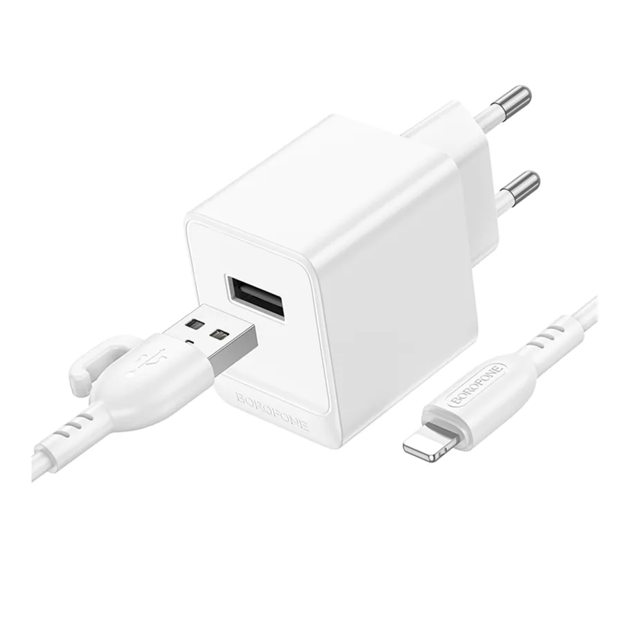 Сетевое Зарядное Устройство Borofone BAS11A 1USB 2.1A, с кабелем USB to Lightning, цвет белый