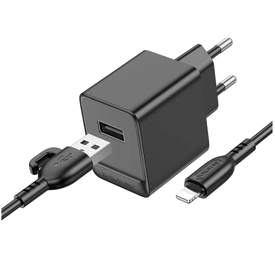Сетевое Зарядное Устройство Borofone BAS11A 1USB 2.1A, с кабелем USB to Lightning, цвет черный