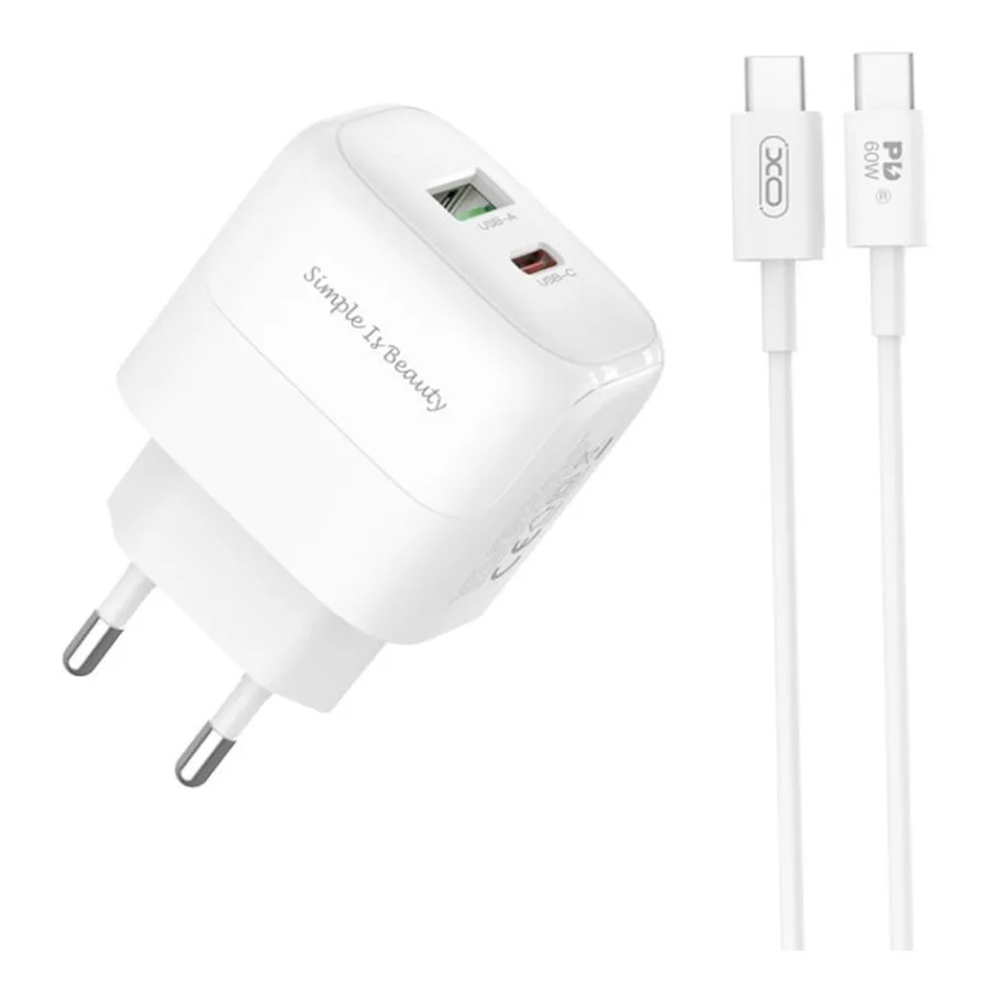 Сетевое Зарядное Устройство XO L137 1USB-C/1USB PD/QC 20W+Type-C to Type-C, цвет белый