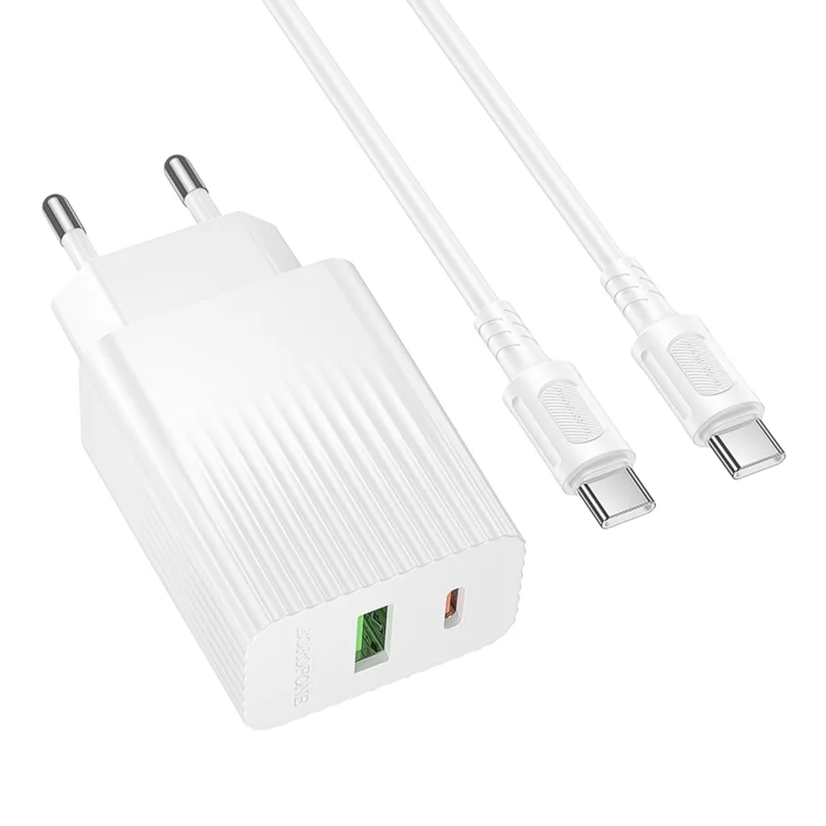 Сетевое Зарядное Устройство Borofone BAS74A 1USB-C/1USB PD/QC 20W+Type-C to Type-C, цвет белый