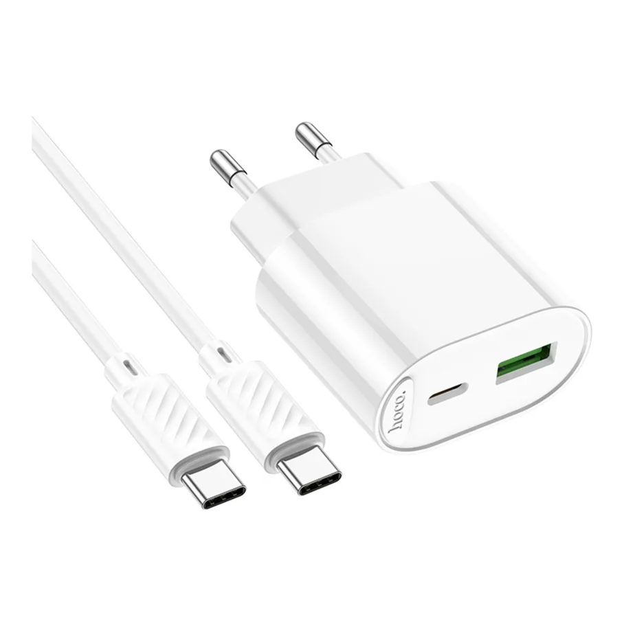 Сетевое Зарядное Устройство Hoco C109A 1USB-C/1USB PD/QC 20W, с кабелем Type-C to Type-C, цвет белый