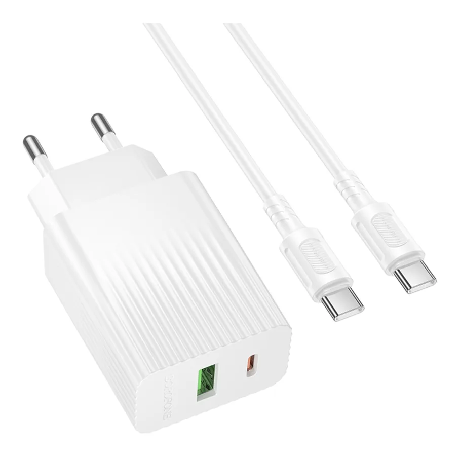 Сетевое Зарядное Устройство Borofone BAS76A 1USB-C/1USB PD/QC 30W, с кабелем Type-C to Type-C, цвет белый