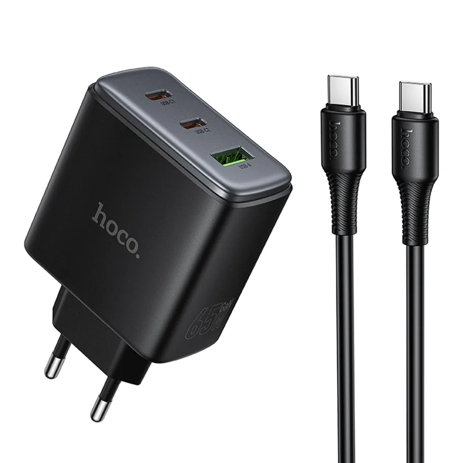Сетевое Зарядное Устройство Hoco C160A 2USB-C/1USB QC/PD65W, с кабелем Type-C to Type-C, цвет черный