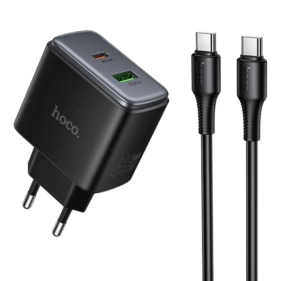 Сетевое Зарядное Устройство Hoco C158A 1USB-C/1USB QC/PD45W GAN, с кабелем Type-C to Type-C, цвет черный