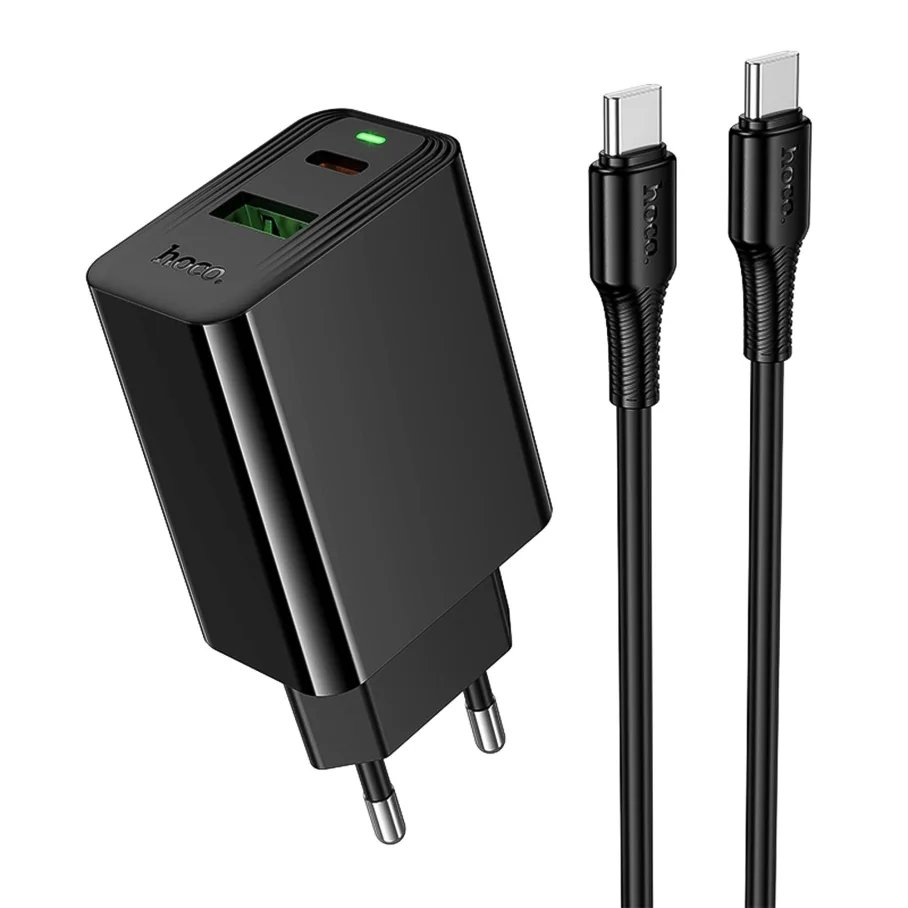 Сетевое Зарядное Устройство Hoco CS95A 1USB/1USB-C QC/PD 30W, с кабелем Type-C to Type-C, цвет черный